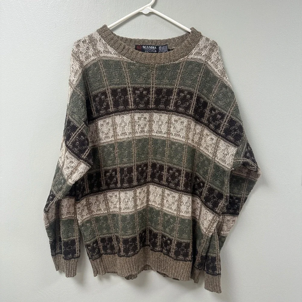 VTG Scandia Mens XL Textured Knit Grandpa Sweater Earth Tone Geometric USA Made